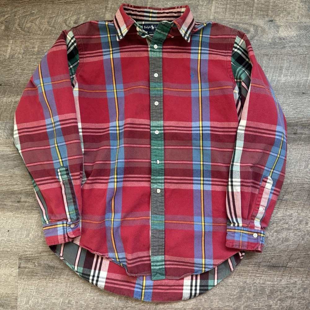 Vintage Ralph Lauren Shirt Mens Large Madras Plaid Long Sleeve Button 90s
